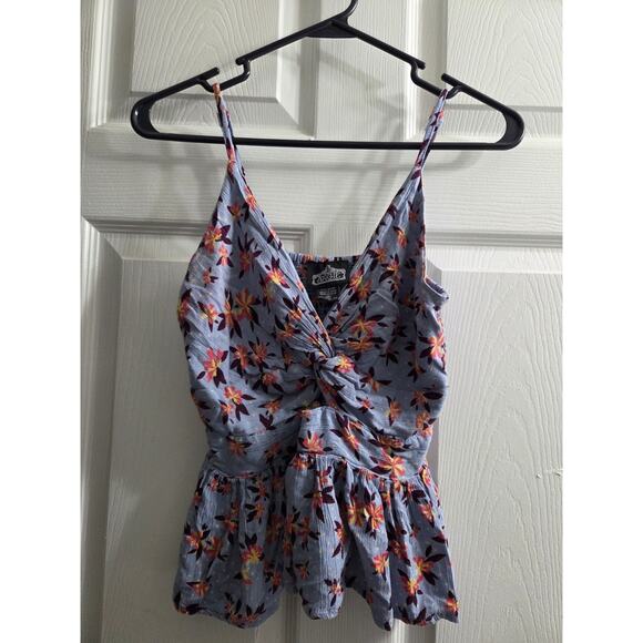 Angie Women's Blue Floral Twist Front Peekaboo Cutout Tank Top Smock Back Small - Picture 3 of 8